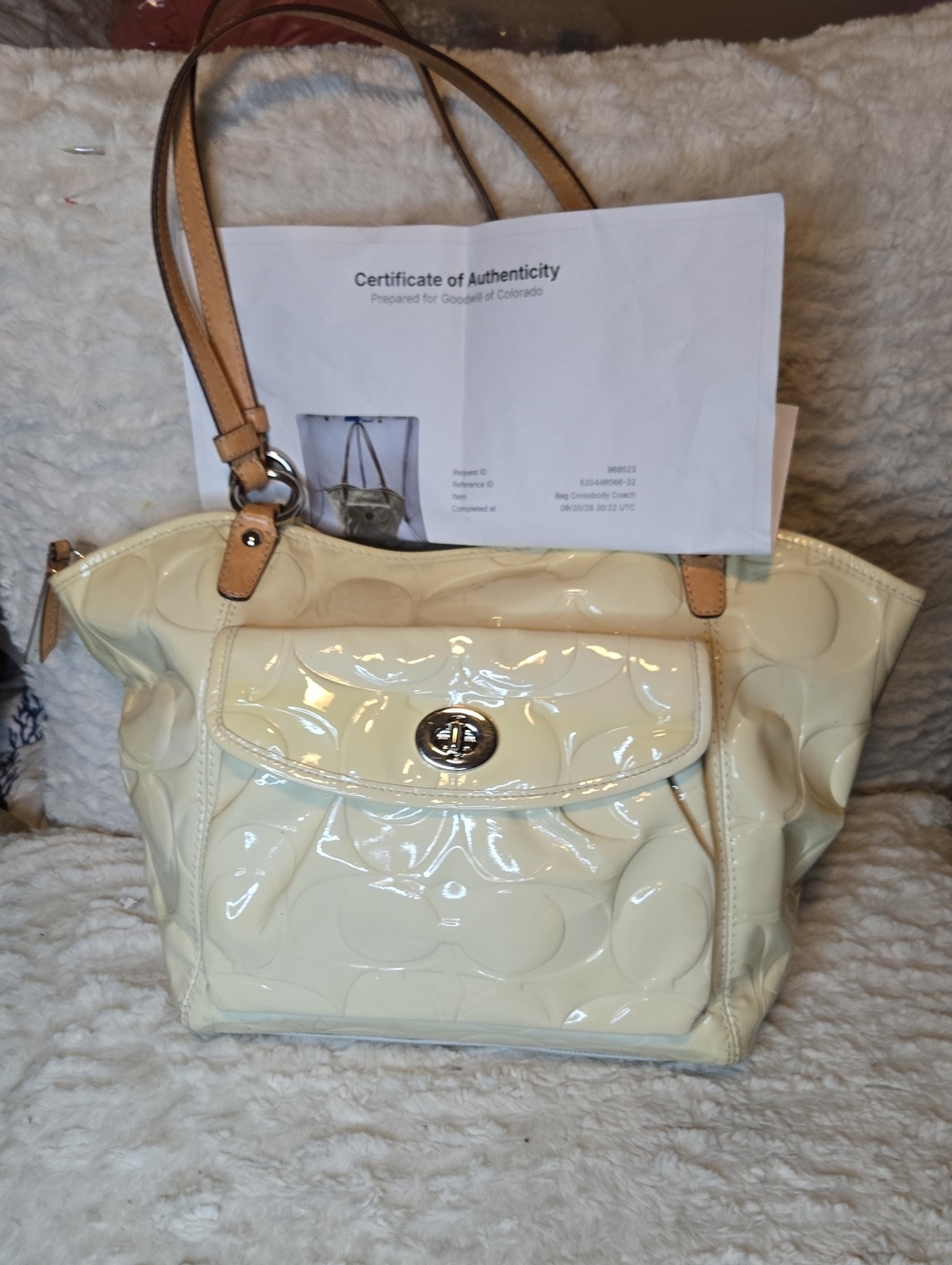 Coach Patent Leather Shoulder Tote in Cream